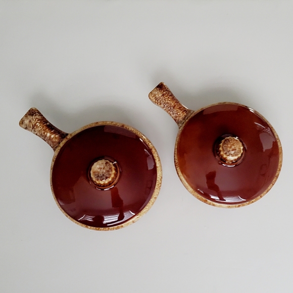 HULL POTTERY USA Oven Proof Brown Drip Glaze Rim Mini Lidded Casserole Set of 2 - Picture 2 of 6